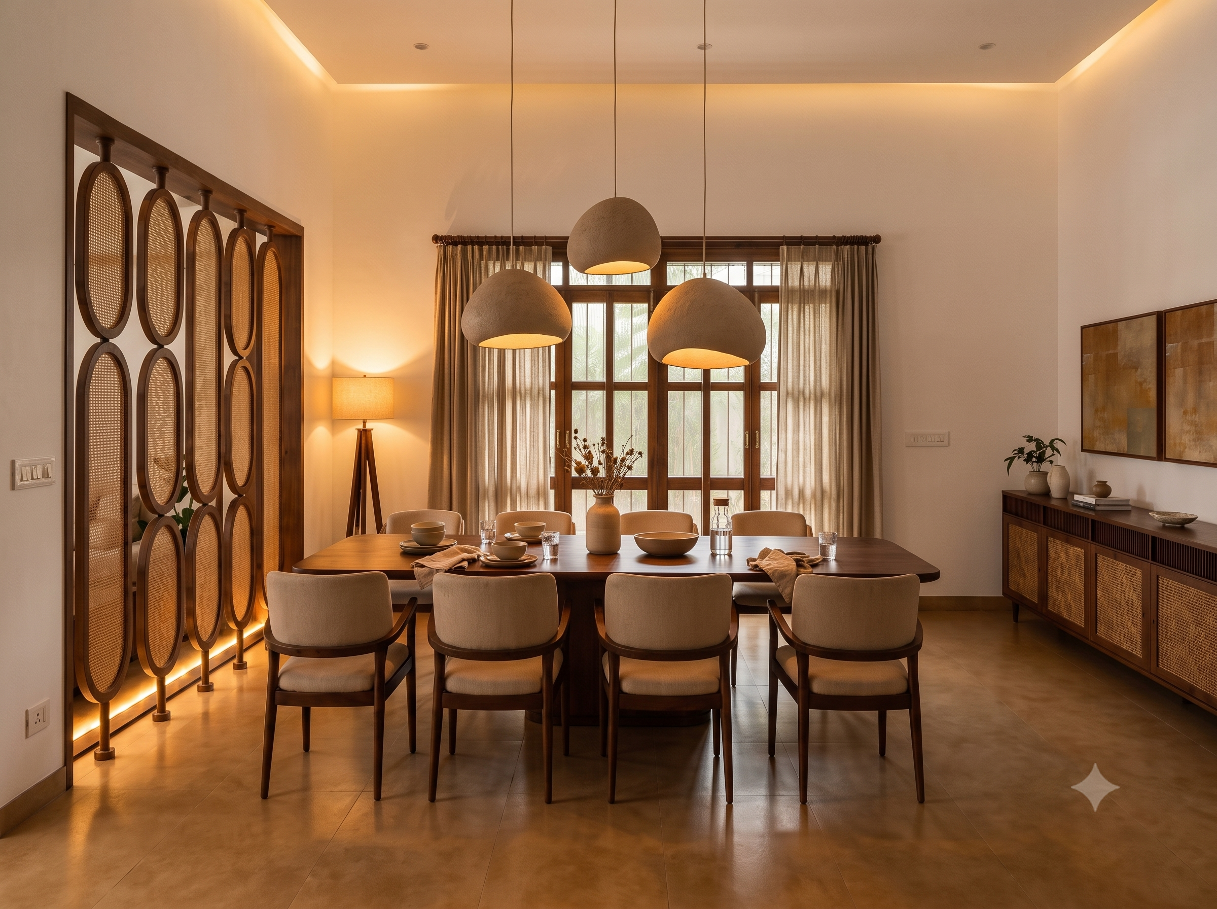 Dining room with cane partitions