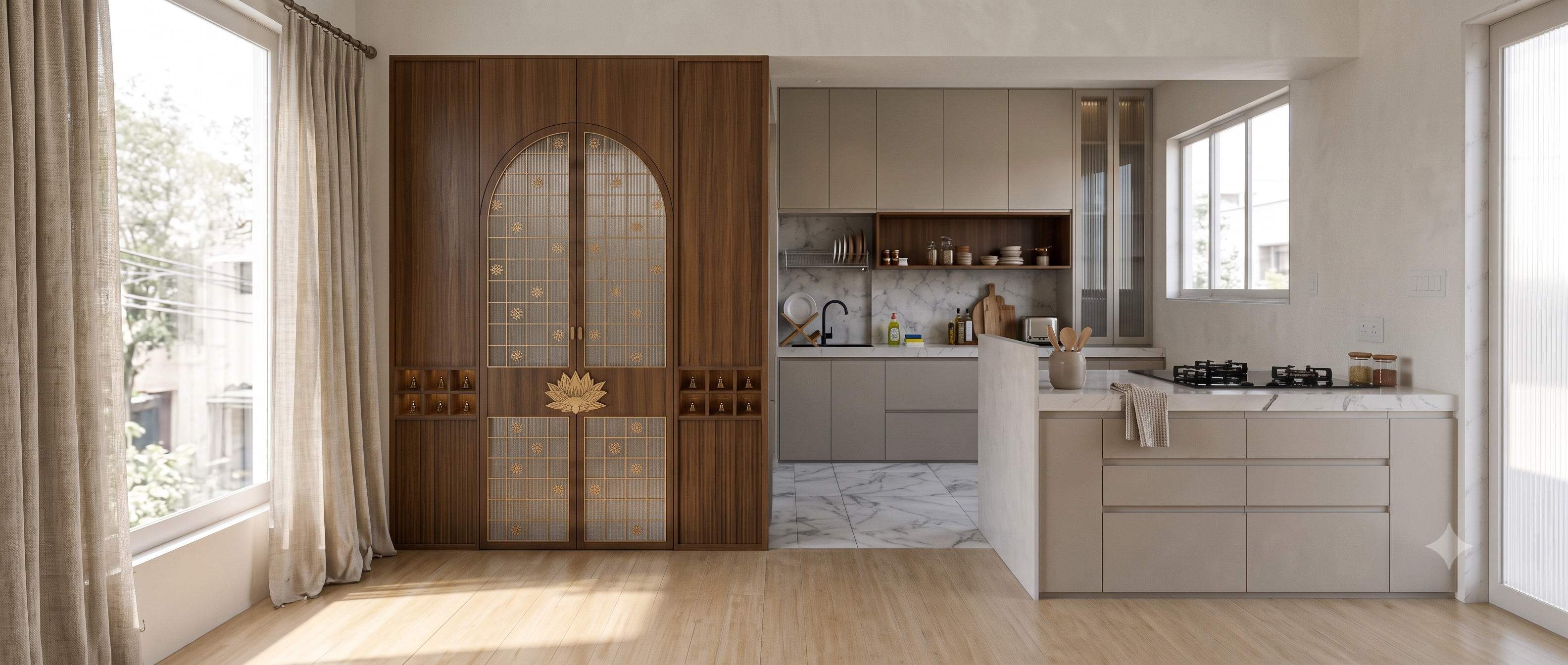Exquisite wooden mandir doors with brass accents next to a sleek, modern open kitchen