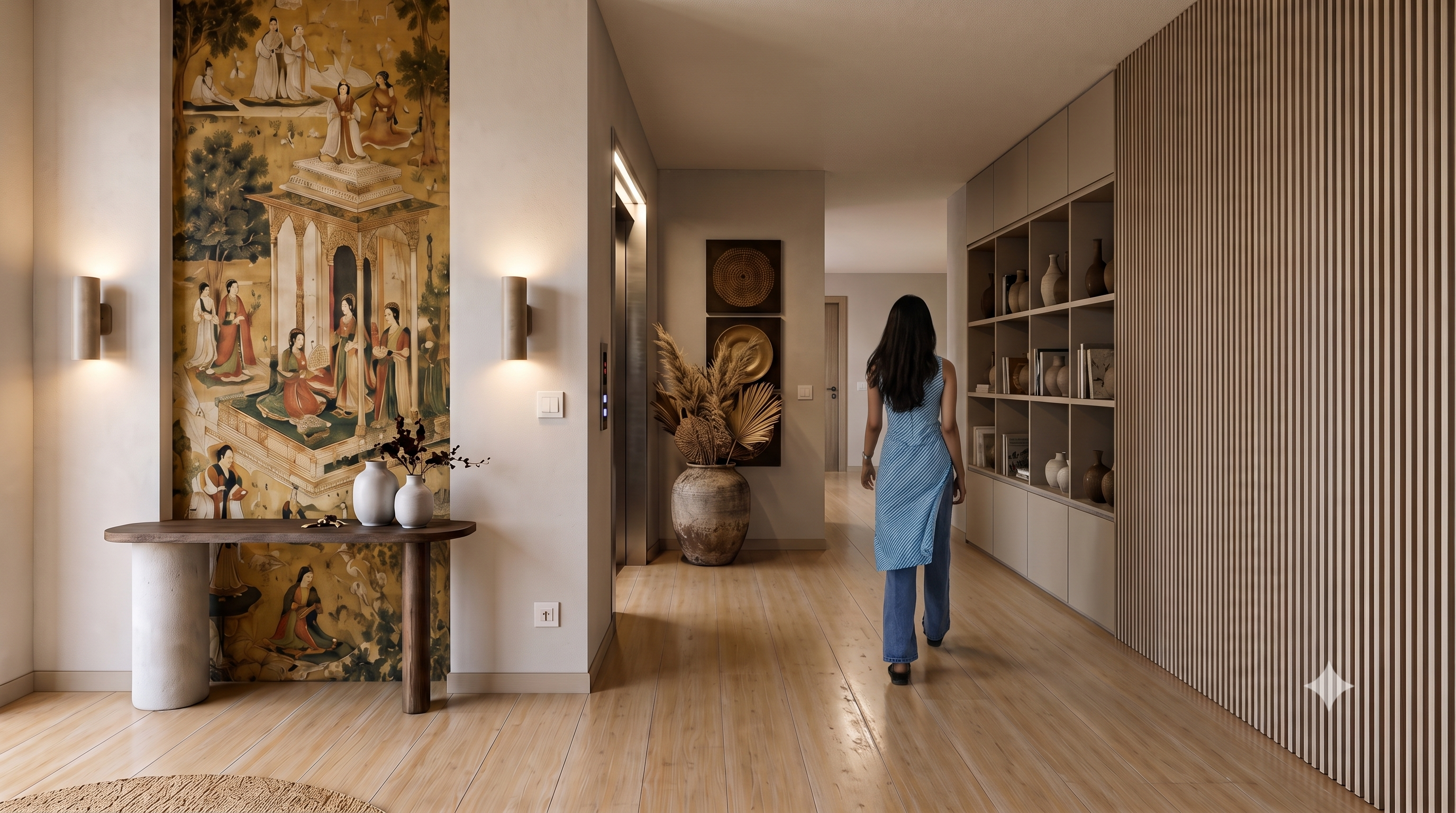 Elegant hallway featuring a stunning traditional mural and modern slatted wood paneling