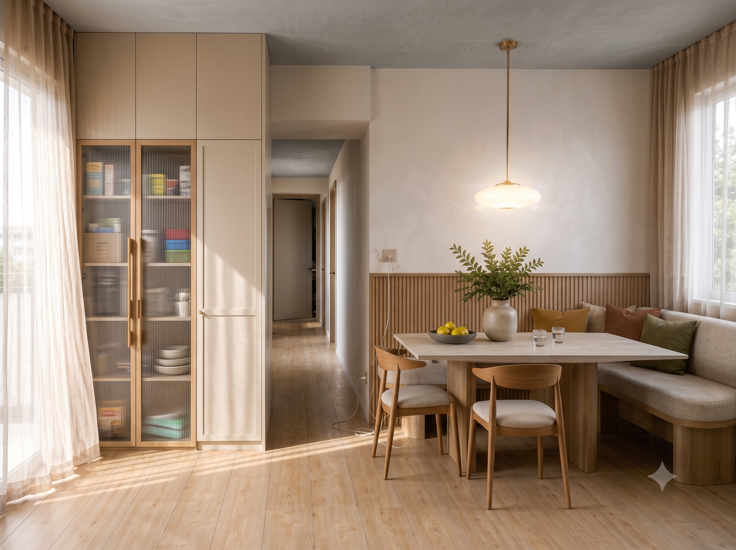 Cozy dining space with built-in banquette seating and a beautiful reeded glass cabinet