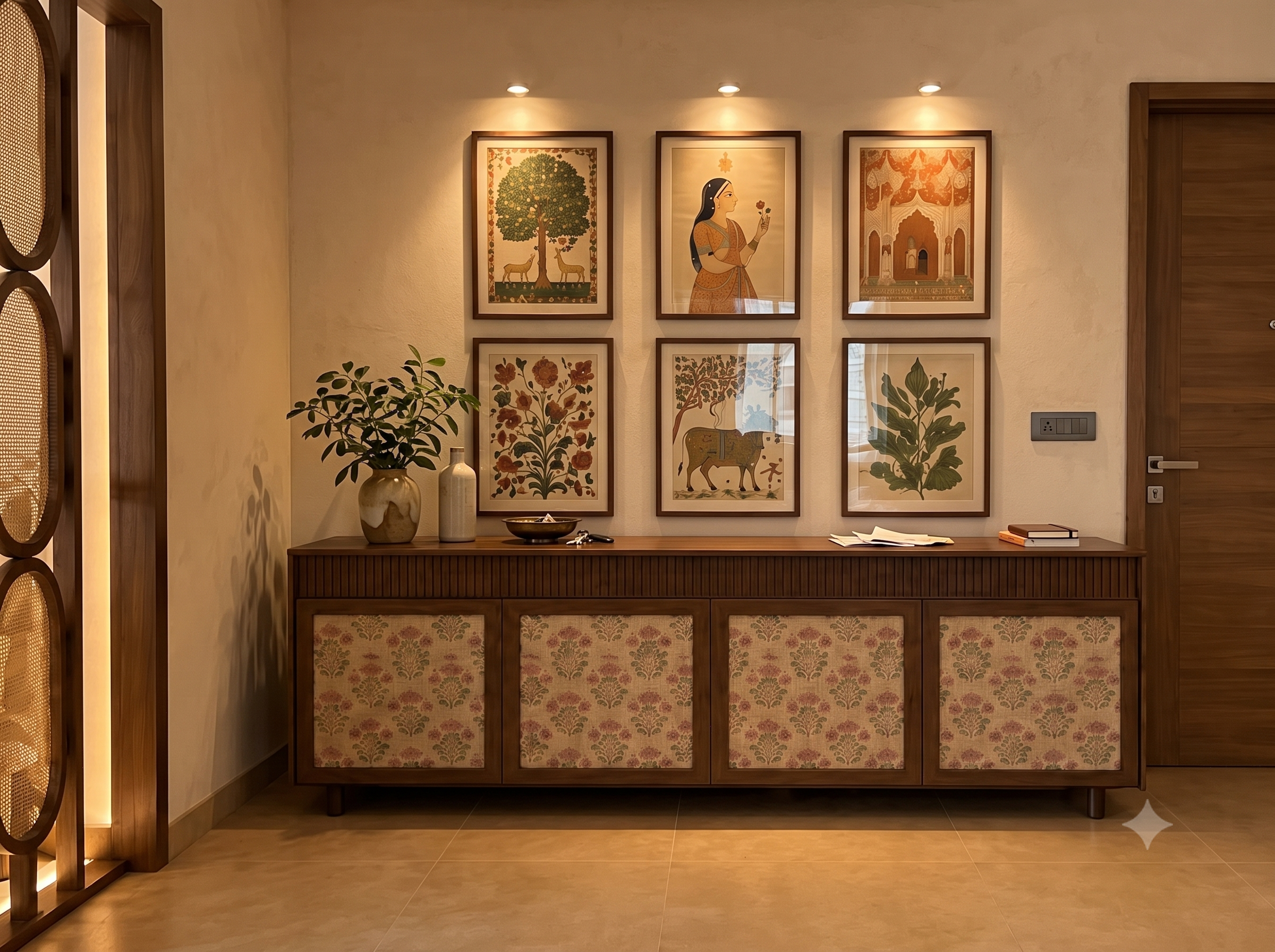 Console table with traditional artwork